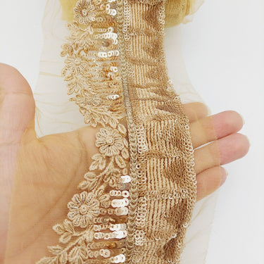 Gold Net Lace Trim with Floral Embroidery and Sequins, Sari Border, Embroidered Trim